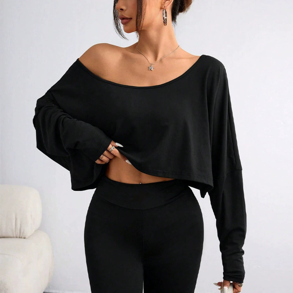 H&M Womens Fall Off Shoulder Long Sleeve Loose Short Top